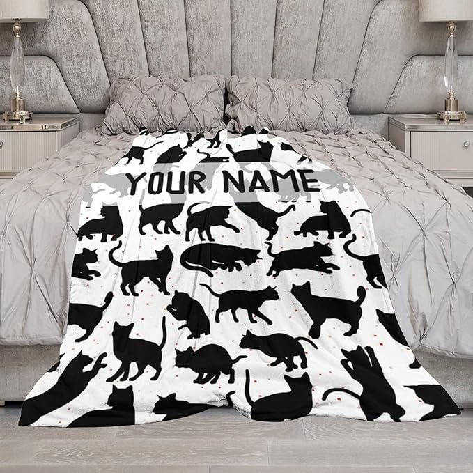 Personalized Cat Blanket Gifts with Name - 40"x50" Cute Throw Blanket for Adults Kids - Black Soft Plush Throws for Bed, Couch & Travel