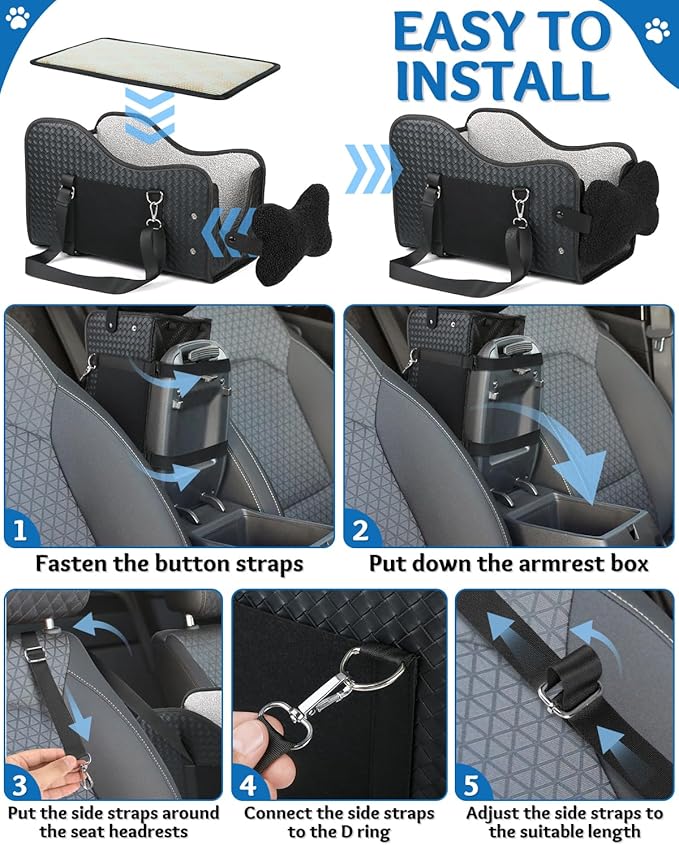 Center Console Dog Car Seat, Pet Car Seat, Armrest Middle Console Booster Travel Carrier for Small Dogs and Cats(Black Leather)