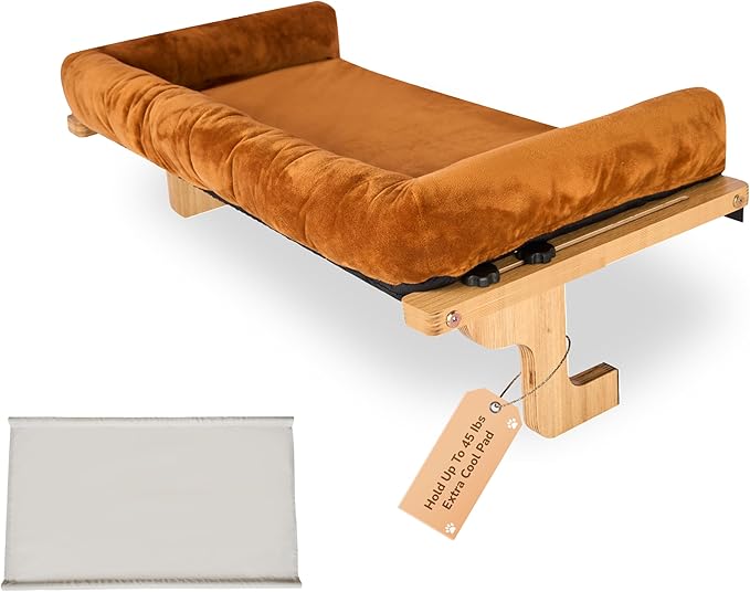 45LBS Capacity Cat Window Perch with Bolster, Hammock Seat with Premium Plywood & Metal Frame, Cat Window Bed for Indoor Cats & Kittens, Extra Cood Pad (Natural Wood & Brown Cushion, 24.8''W x 9.4''H)