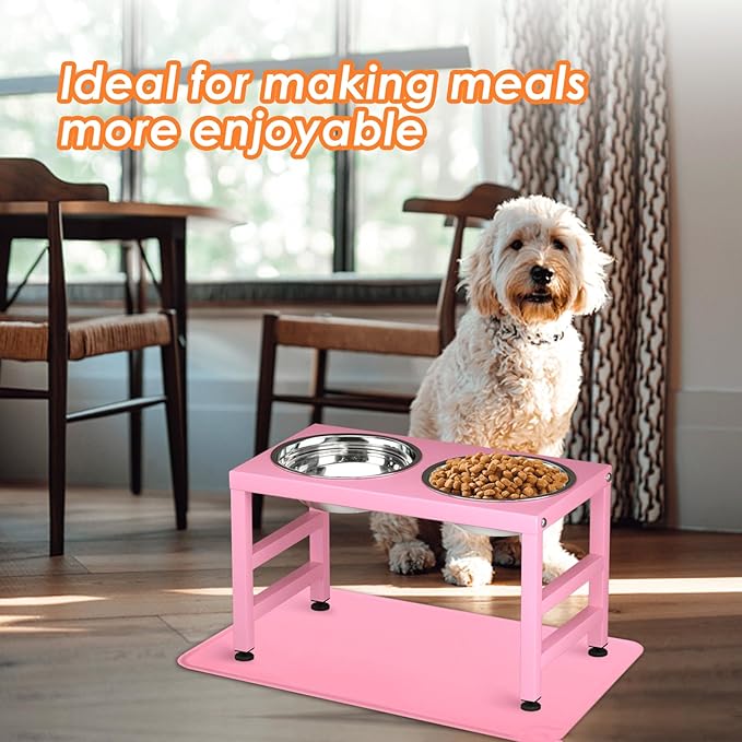 Pink Metal Raised Dog Bowl Stand for Large Dogs, Stronger Elevated Dogs Bowls with Sprill Proof Mat, Food & Water Bowl 10in Tall Feeder (42OZ-Stainless Steel Dog Bowls, Mat-12x19 in)