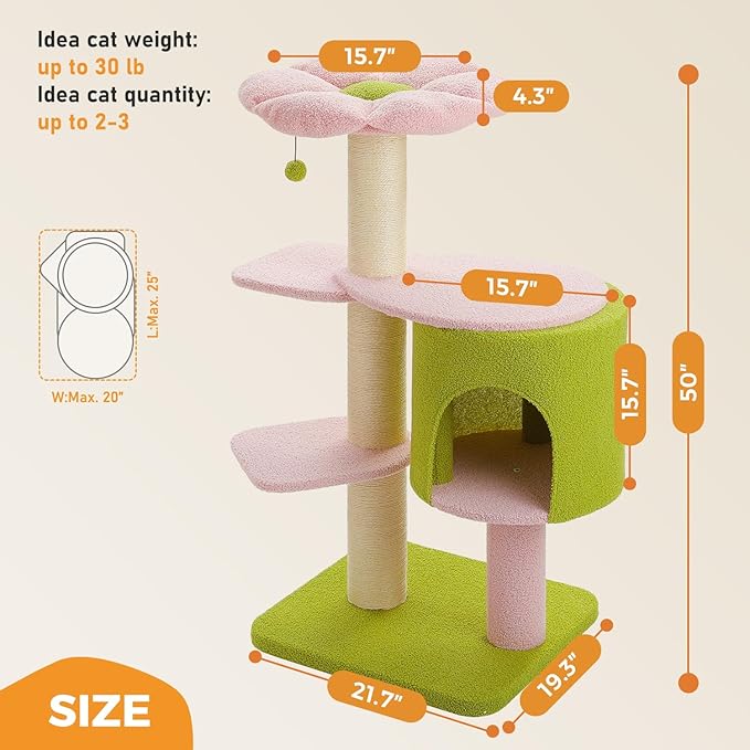 50" Pink Flower Cat Tree for Large Heavy Cats, Maine Coon Cat Tower with Extra Thick Scratching Posts (φ4.3in), Spacious Cat Condo for Big Cats 20 lbs, Soft Top Bed-Green