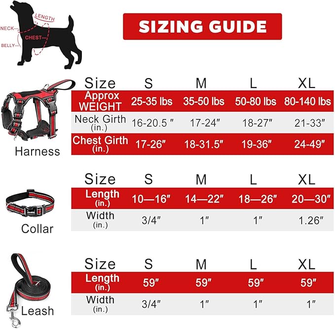 WINSEE Pet Harness Collar and Leash Set, All-in-one Reflective Dog Harness No Pull with Adjustable Buckles for Puppies, Small, Medium, Large, and Extra-Large Dogs (Medium, Red)