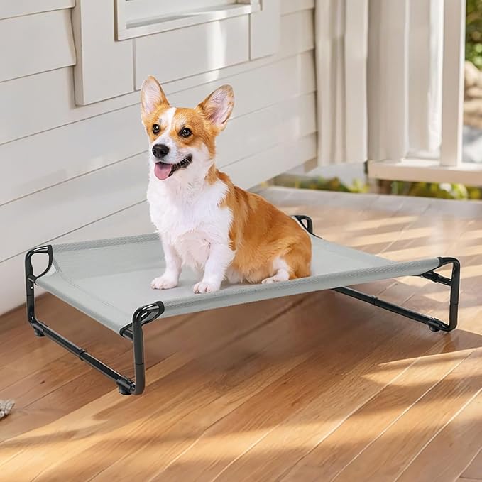 Veehoo Original Outdoor Elevated Dog Bed, Cooling Raised Dog Cot for Medium Dogs, Portable Standing Pet Hammock Platform with Washable Breathable Mesh, No-Slip Feet, Medium, Grey, CWC2201