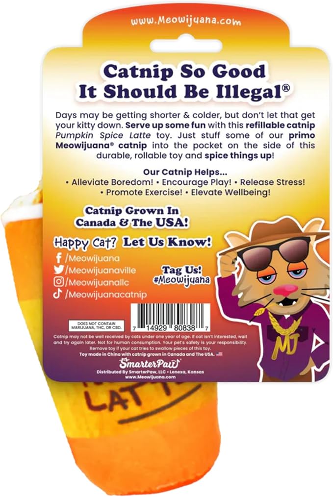 Meowijuana Refillable Cat Toys | Get Spooked - Pumpkin Spice Latte Catnip Toy | Includes Potent Hand Harvested Catnip Grown in North America | Promotes Play and Cat Health
