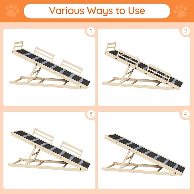 HOOBRO Dog Ramp for Bed, 63" Long Folding Pet Ramp with Non-Slip Mat and Safety Side Rails, 5 Height Adjustable up to 29.5", Wooden Dog Ramp for Couch, for Small/Large Dogs, Natural and Black NB46PT03