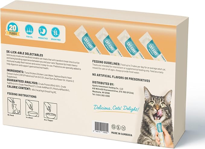 PETPHABET Lickable Cat Treats, Creamy Puree Wet Kitten Treats Tuna & Chicken Recipe, Squeezable Paste Cat Snacks, Grain-Free Kitty Treat, High Protein Squeeze Up Tubes for Cats (0.5 oz x 20 Counts)