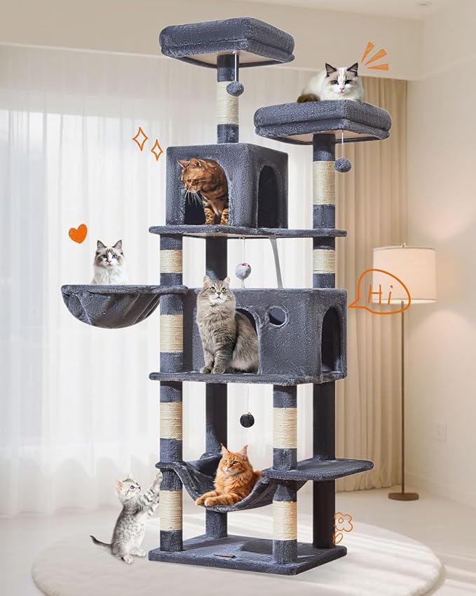 Taoqimiao Large Cat Tree,73-Inch Cat Tree Tower with 9 Scratching Posts for Indoor Cats, 2 Large Cat Condo with Hammock, Hanging Basket, 2 Extended Platform, Smoky Gray MS013XLG