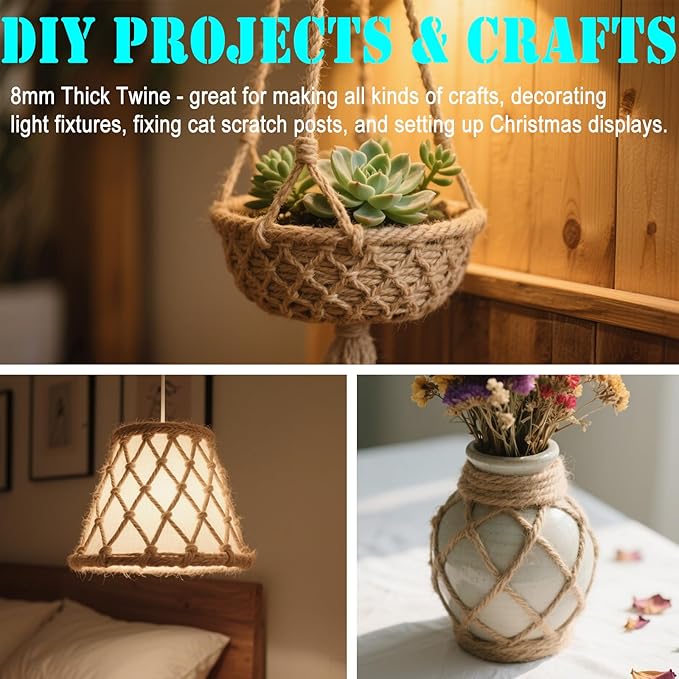 8mm Jute Twine Rope - 164ft Heavy Duty Natural Jute String for Gardening, Crafts, Packaging, DIY Projects & More - Strong, Durable & Biodegradable - Perfect for Plant Tying, Home Decor & Outdoor Use