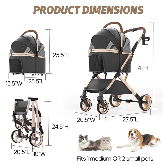 Pet Stroller with 4 Wheels, Dog Stroller with Detachable Carrier, One-Click Folding Pet Travel Carrier for Small, Medium Dogs Cats up to 50lbs, 3 in 1 Multifunctional (Black)
