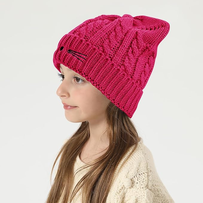 Kids Girls Cat Ear Hat Winter Warm Knit Beanie Cute Ski Skull Cap for Ages 7-12