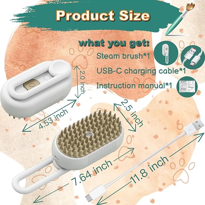 SteamCat 3 in 1 Cordless Cat Grooming Brush, Built-in Lithium Battery, Silicone Massaging, Removes Static & Pet Hair, for Cats & Dogs (White)