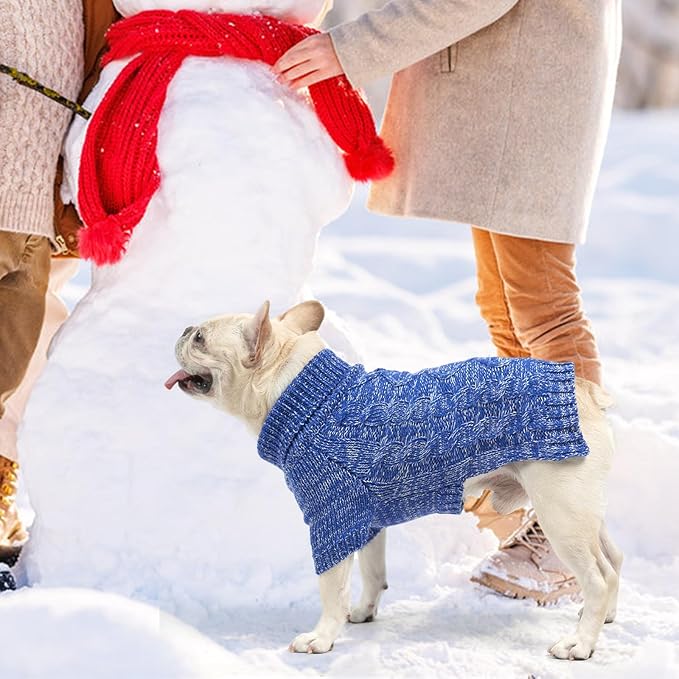 KOOLTAIL Dog Sweater for Large Medium Small Dogs, Fall Dog Sweaters, Turtleneck Cable Knitwear Pet Cold Weather Coats with Leash Hole, Warm Winter Pullover Clothes for Bulldog, Yorkie,Boy Girl, Blue M