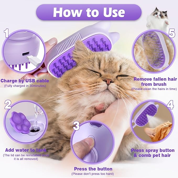 Cat Steam Brush for Shedding, Spritz Defur Comb 3 in 1 Pet Rechargeable Steam Brush Tool for Long and Short Haired Cats and Dogs, Anti-Static, Shedding, Detangling, Massage & Combing (Purple)