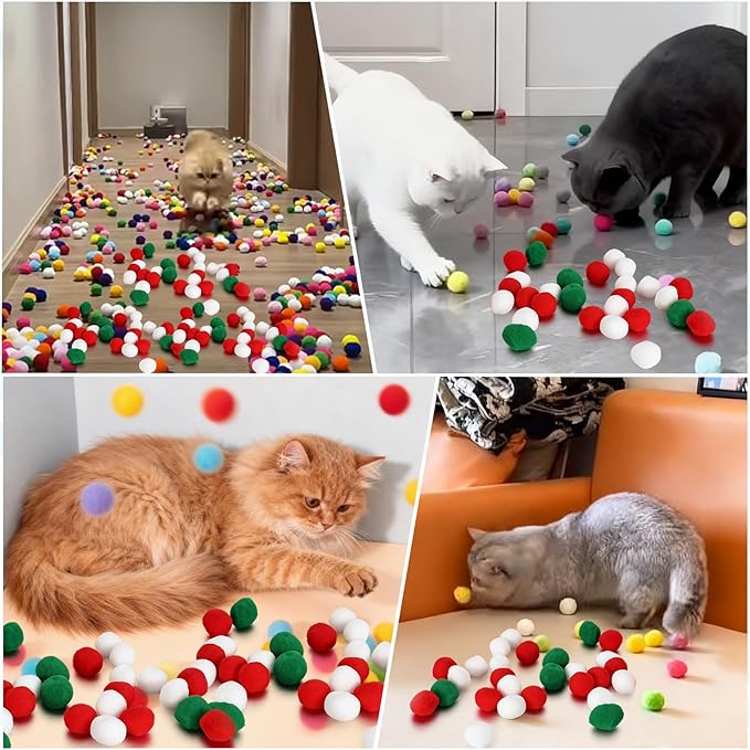 Mity rain 102PCS Cat Ball Launchers & Pom Pom Balls Interactive Cat Toy Set – Safe Soft Plush Kitten Toys for Indoor Cats, Fun Kitten Toys for Endless Active Play (Christmas)