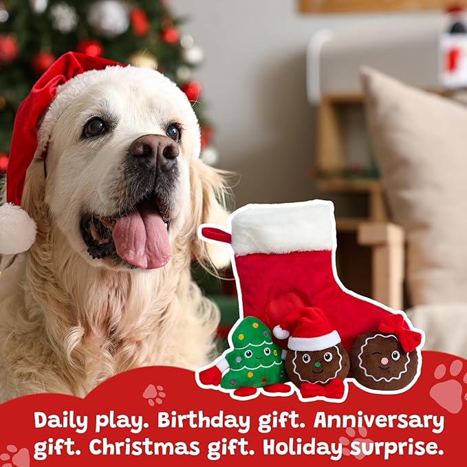 Hollypet Squeaky Dog Toy, Interactive Plush Hide and Seek Dog Toys for Small Medium Sized Dogs and Non-Aggressive Chewers, Puppy Teeth Clean Chew Toys, Christmas Stocking