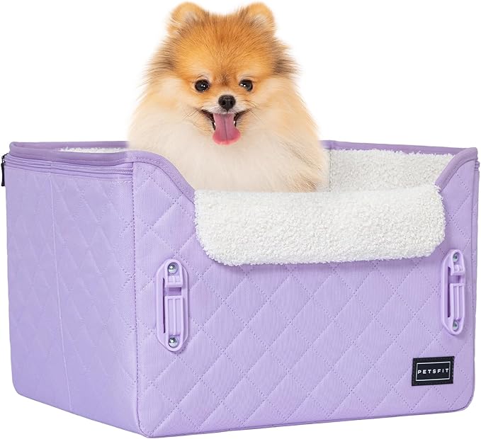 PETSFIT Dog Car Seats for Small Dogs โ Patented Safety Buckles โ Safety Tether โ Foldable Travel Cat Car Seat Reduces Anxiety & Road Trips โ Stable Frame, Fits Front/Back Seat (Lavender Purple)