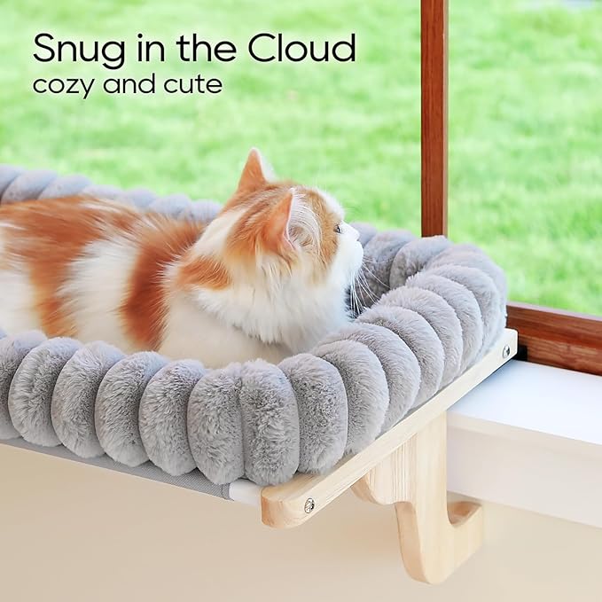 Zakkart SnugCloud Cat Perch for Window Sill with 4-Sided Bolster - Orthopedic Cat Window Hammock - Solid Hardwood & Metal Frame - Window Seat for Pets (Natural Color Wood w/Gray Bed, Medium)