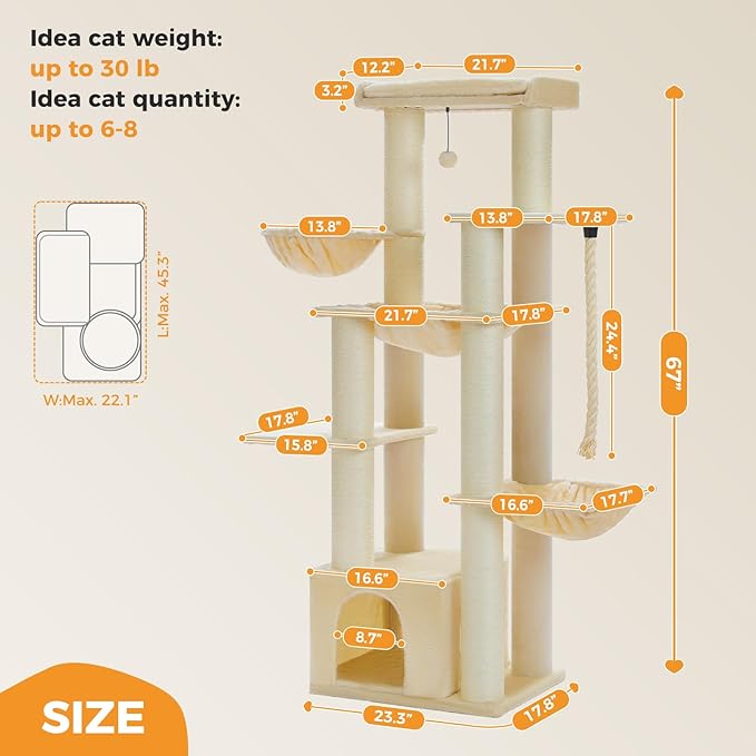 Large Cat Tree-67 Tall Cat Tower for Indoor Cats Large Adult with 7 Thick Sisal Scratching Posts (φ4.3), Multi-Level Condo, Big Perch & Hammocks for Maine Coon 20 lbs -Beige