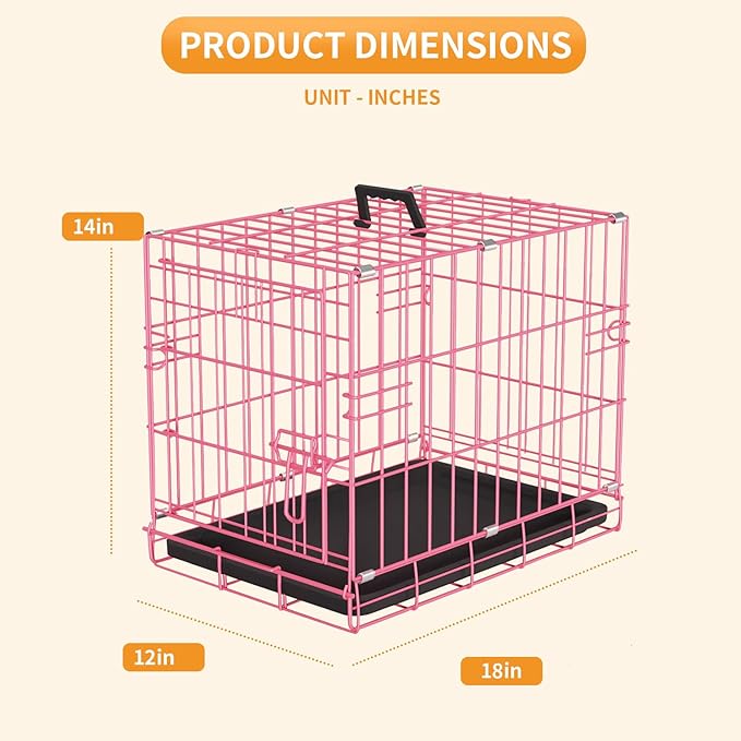 PayLessHere 18 Inch Dog Crate Kennel for Small Dogs Metal Cage Single-Door Folding Travel Indoor Outdoor Puppy Playpen with Divider and Handle Plastic Tray,Pink
