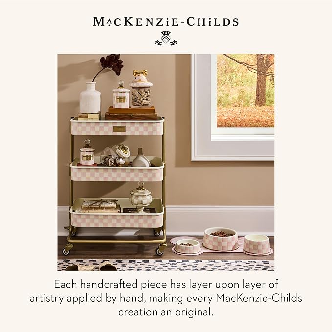 MACKENZIE-CHILDS Pup Placemat, Cute Pet Food Mat for Dog Bowls and Cat Bowls, Pink-and-White Rosy Check