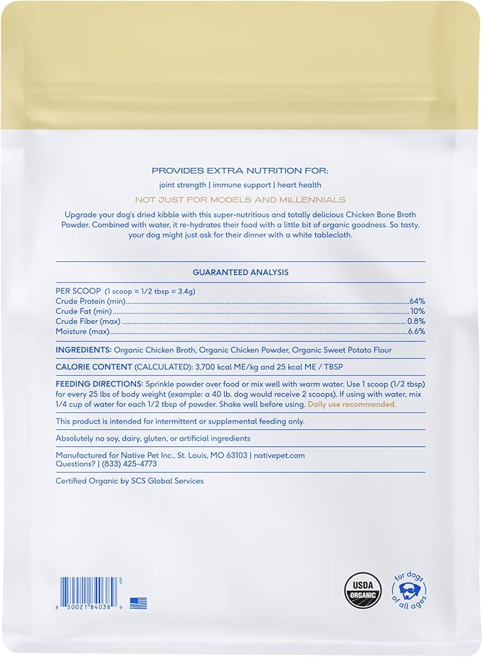 Native Pet Bone Broth for Dogs and Cats - Chicken Bone Broth Powder Dog Food Toppers for Picky Eaters - Provides Extra Nutrition for Joint Strength, Immune Support & Heart Health - 192 Scoops