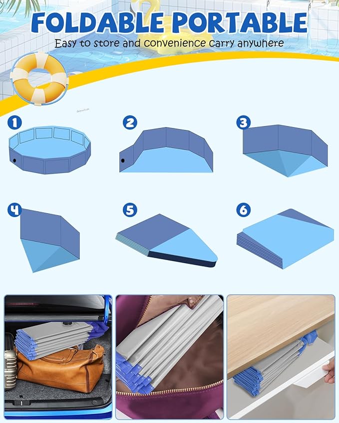 Portable Dog Pool PVC Pet Swimming Hard Plastic Pool Bathtub Collapsible Dog Poo for Pets to Swim and Bath (XL-63"x 12" Light Grey)