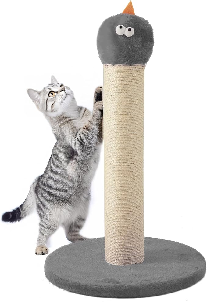 22" Cat Scratching Post, Sisal Cat Scratcher with Interactive Hanging Toy, Monster Scratch Pole for Indoor Cats, Cute Cat Scratch Post for Kittens & Large Cats, Grey