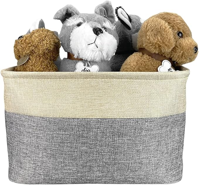 Custom Dog Basket for Toys Collapsible Storage Bin Grey Brow Pink Purple Blue Rectangular Pet Storage Organizer Box with Handles Medium Customized Name & Real Dog Breed