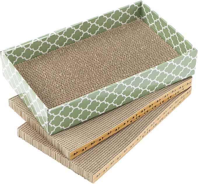 MECOOL Cat Scratching Board,3PC Scratch Pad with Box,Reversible Corrugated Scratcher Cardboard and Lounge Bed for Indoor Cats, Catnip