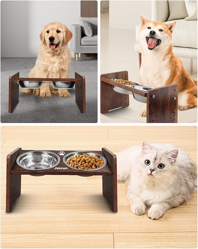Elevated Dog Bowls, Adjustable Raised Dog Bowl Stand for Small Size Dogs and Cats, Durable Bamboo Dogs Feeder with 2 Stainless Steel Bowls and Non-Slip Feet, Pet Food Bowl for Small Sizes