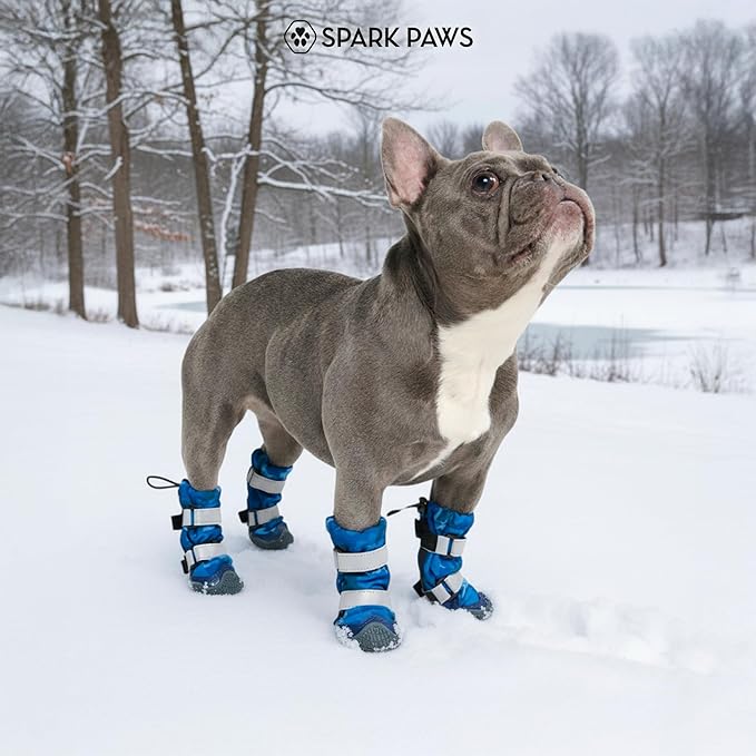 Spark Paws Dog Shoes, Waterproof Dog Boots for Medium to Large Dogs, Non Slip, Breathable Dog Booties and Paw Protectors - 4PCS Doggie Hiking Boots with Reflective Straps, Blue Camo, Size 7