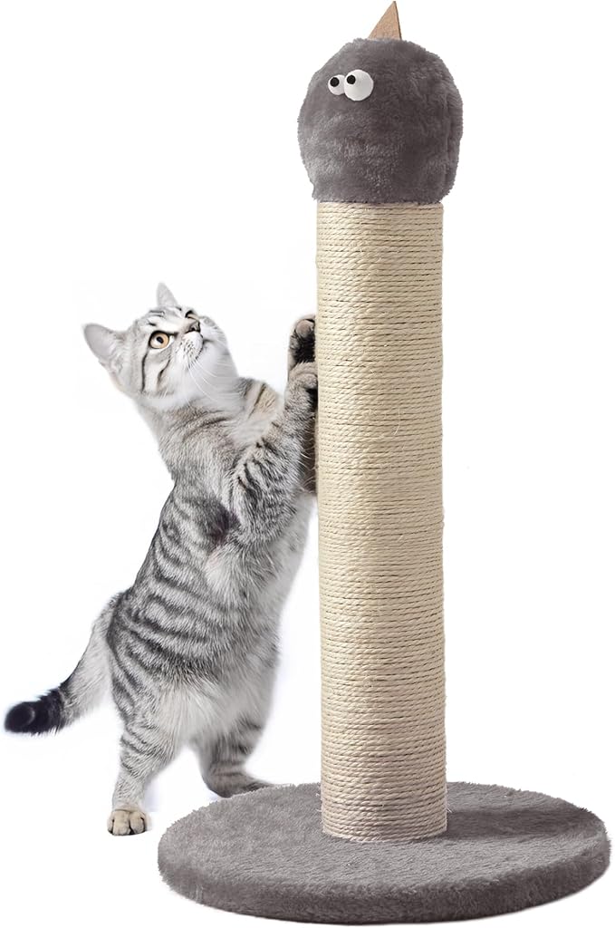 Indoor Cat Scratching Post: 22 in Tall Cat Scratcher with Natural Sisal Rope, Cute Monster Design Kitty Pet Tower with Sturdy Wood Base, Great Gift for Small and Large Kittens, Grey