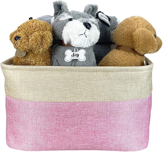 Custom Dog Toy Storage Basket with Dog's Name Sturdy Foldable Collapsible Cat Storage Bin with Handles for Organizing Pet Stuffs, Toys, Clothes,( Pink and White), 15" x 9.8" x 9"