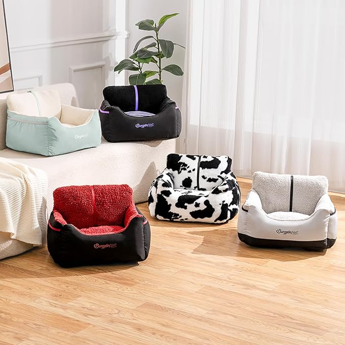 BurgeonNest Dog Car Seat for Small Dogs, Detachable and Washable Cat Carseats Under 25 lbs, Soft Pet Booster Seats with Storage Pockets and Clip-On Leash Portable Car Travel Carrier Bed, Beige Green