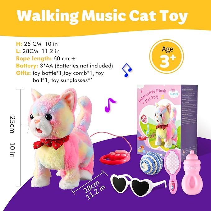 Colorful Leash Walking Cat Set Interactive Talking Cat Singing Dancing Kitten Mimicking Repeat What You Say Kitty Touch and Voice Control Nodding Wagging Tail Plush Electric Kitty for Kid Gril