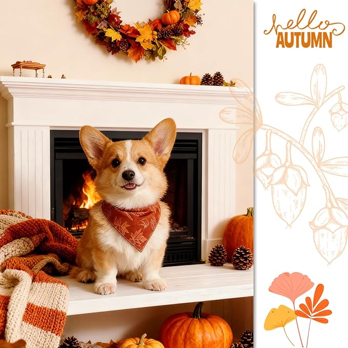 Fall Dog Bandana Thanksgiving Holiday Autumn Leaves Girls Pet Triangle Neck Scarf with Snap Button, Sktech Printed Style, Small and Medium Breed, 5-30lbs