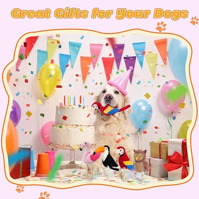 4-Pack Squeaky Dog Toys for Small Medium Large Dogs Interactive Rope Plush Dog Toys Set Flamingo, Parrot, Toucan, Owl Stuffed Puppy Toys for Teething, Anxiety Relief Perfect for Aggressive Chewers