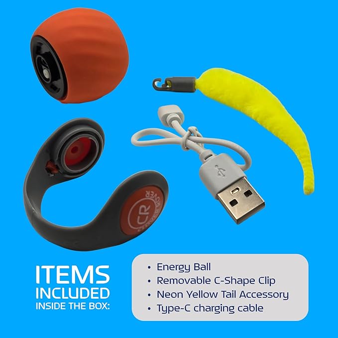 Energy Ball Cat Toy Orange - Version Bengal with Neon Tail, Rechargeable, 2-Speed Interactive Energy Ball with Auto Shut-Off, Away Mode for Indoor Cats