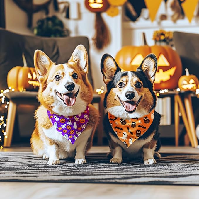 Halloween Dog Bandanas 2 Pack 4 Pattern Ghost Spider PumpkinCandle Bibs Reversible Washable Durable Fall Scarf Suitable for X-Large Breed Dog Boy and Girl