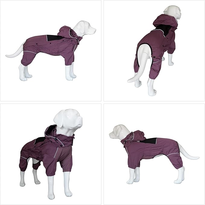 LOVELONGLONG Waterproof Dog Raincoat with Removable Hood – Outdoor Full Body Dog Jacket, Windproof Snowproof Shell Suit – All Season Pet Rain Gear Plum Purple M