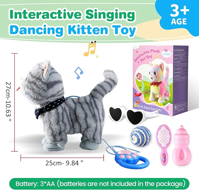 Gray Leash Walking Cat Set Toy Interactive Talking Cat Singing Dancing Kitten Mimicking Repeat What You Say Kitty Touch and Voice Control Nodding Wagging Tail Plush Electric Robot for Kid Girl