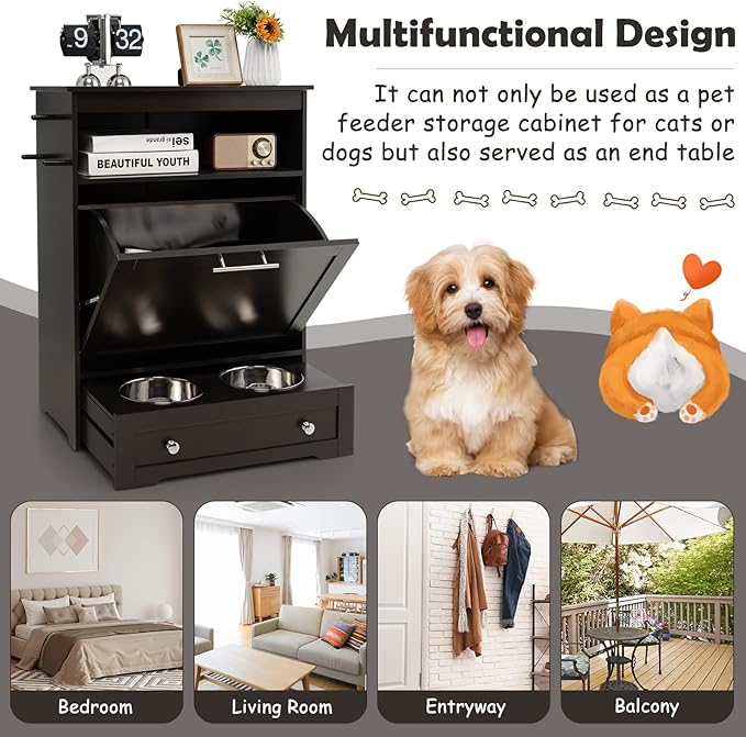 Dog Food Cabinet Feeding Station with 2 Raised Bowls, Pull Out Elevated Dog Bowl, Storage, 3 Hangers, Pet Feeder Toy Leashes Organizer, Brown