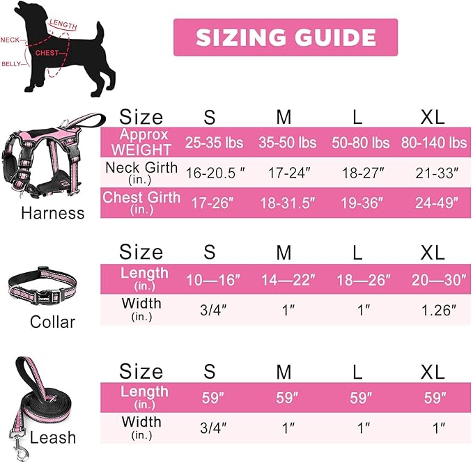 WINSEE Pet Harness Collar and Leash Set, All-in-one Reflective Dog Harness No Pull with Adjustable Buckles for Puppies, Small, Medium, Large, and Extra-Large Dogs (Medium, Pink)