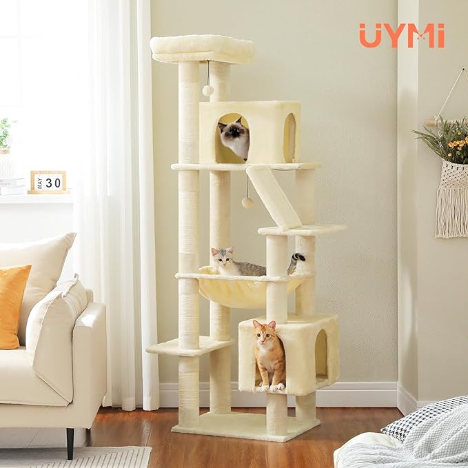 71 Inch Tall Cat Tree for Indoor Cats Large Adult, Multi-Level Cat Tower with Extra Large Hammock, 2 Cat Caves, Spacious Top Perch, Scratching Pad, Beige