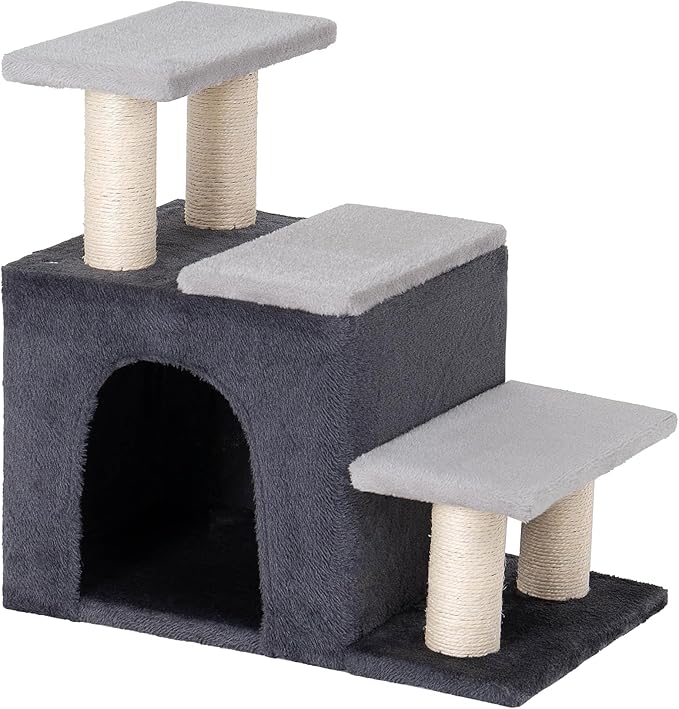 3-in-1 Pet Stairs for Cats, Dog Steps for Small Doggie,7.8'' Depth Cat Stairs,Indoor Cat Steps for High Bed for Pet's Joints, Soft Plush, 1 Big Cat Condo Cave, Sisal Scratching Posts, Grey, Large
