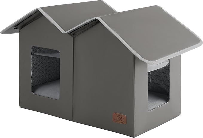 Bedsure Weatherproof Outdoor Cat House - Extra Wide Insulated Feral Cat Shelter with Raised Base in Winter, Waterproof Outside Pet Hideout for Stray Kitty, 22.5x12.5x13.25inches, Grey