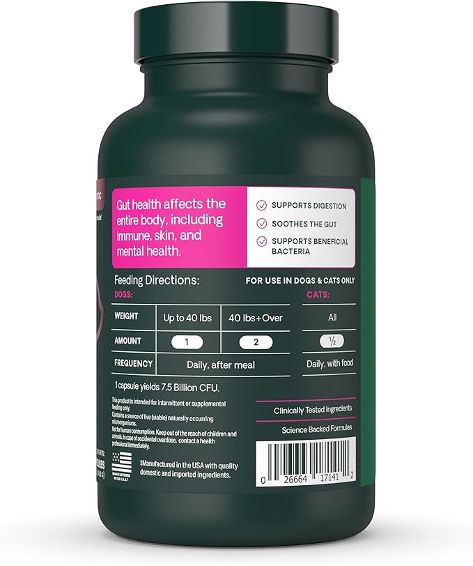 VetriScience Extra Strength Gut Health Easy-Open Capsules, Mega Probiotic and Prebiotic Digestive Supplement for Dogs and Cats, for Diarrhea and Immune Support, 7.5 Billion CFU Per Capsule, 120 Count