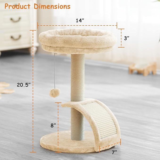 Cat Scratching Post Tower for Indoor Cats, Small Cat Tree Tower with Bed and Hanging Ball Toys, Short Modern Carpet Kitten Scratcher Stand with Large Round Perch and Scratch Ramp (Beige)