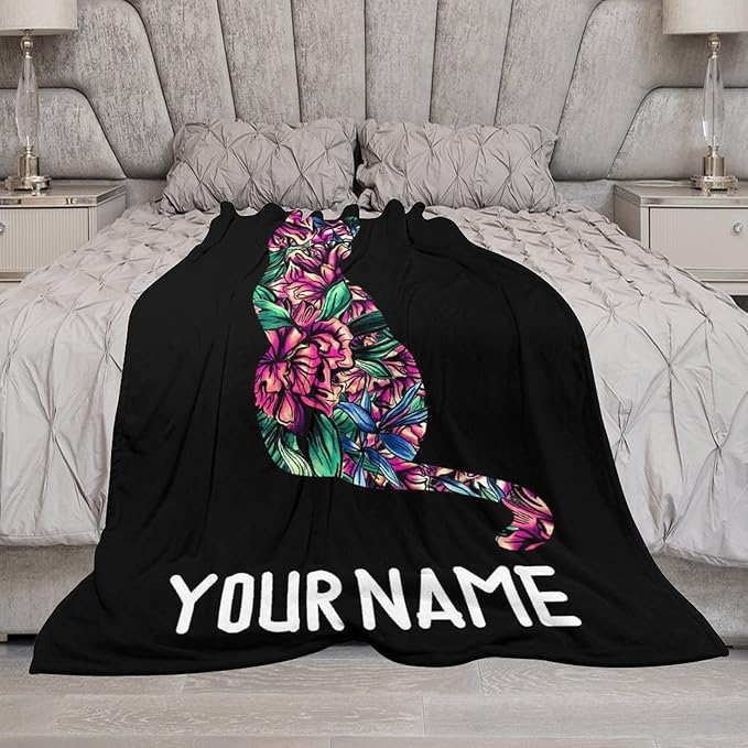 Personalized Cat Blanket Gifts with Name - 30"x40" Cute Throw Blanket for Adults Kids - Black Soft Plush Throws for Bed, Couch & Travel