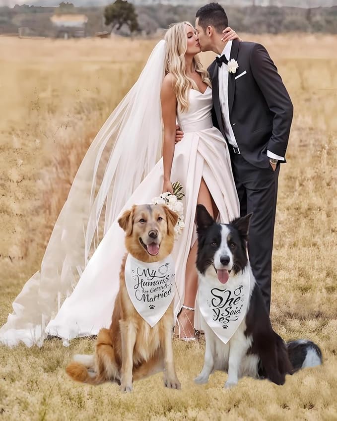 2PCS Dog Wedding Bandana & Scarf Set-Engagement Gift for Bride-to-Be,Matching Outfits for Medium & Large Dogs, My Humans are Getting Married,She Said Yes Announcement Accessories